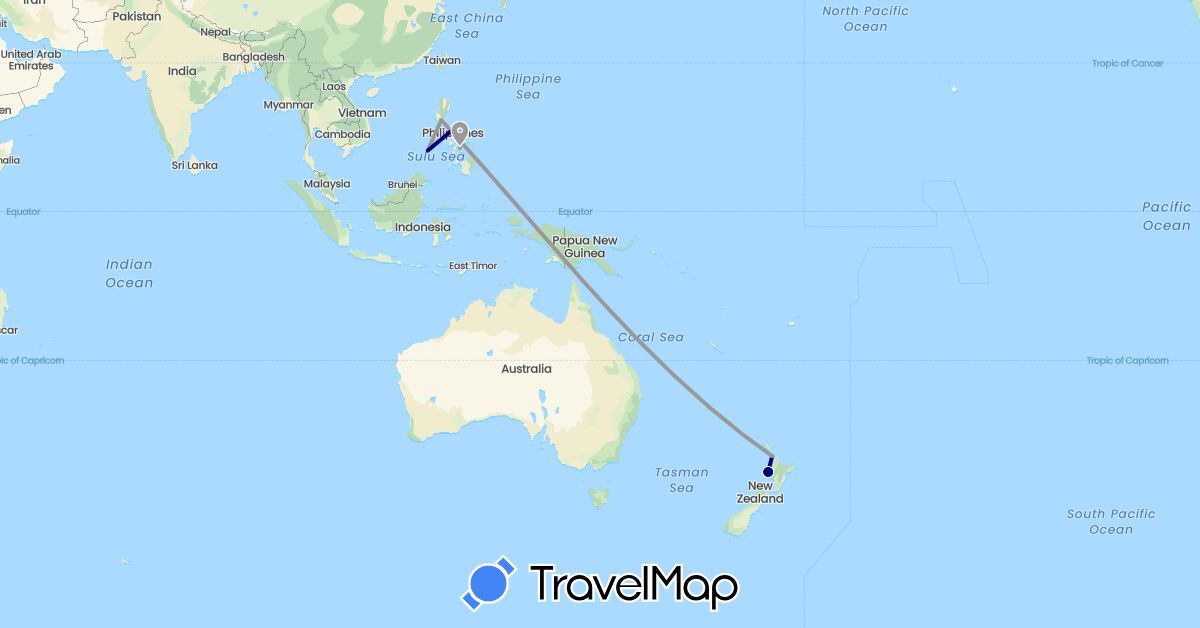 TravelMap itinerary: driving, plane, boat in New Zealand, Philippines (Asia, Oceania)